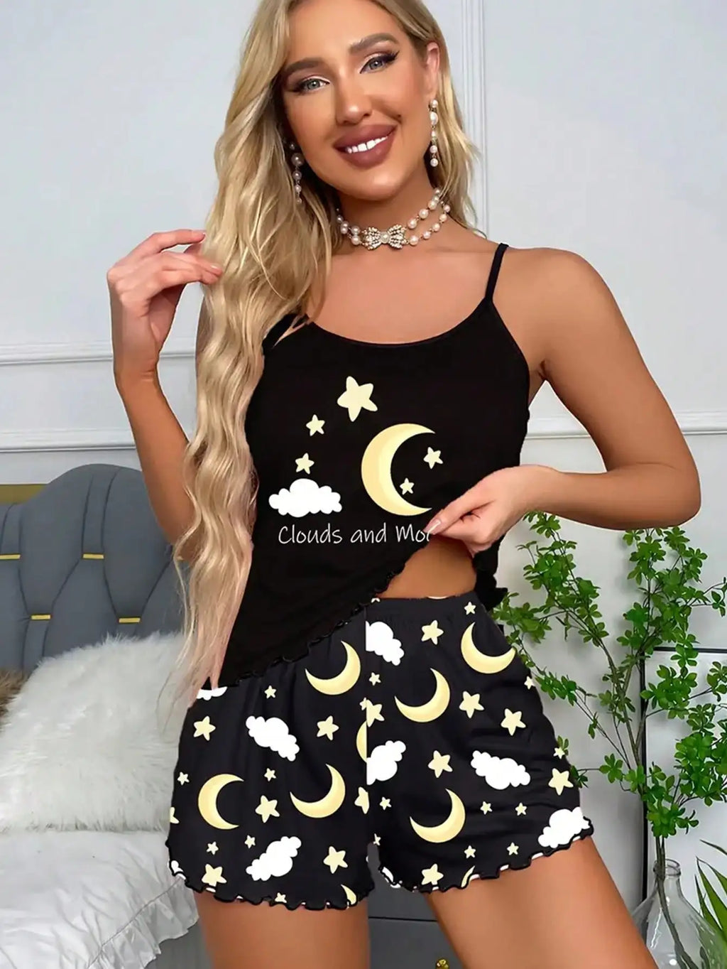 Women Pajamas Sleepwear 2 Pieces Set Black Camisole Shorts Moon & Cloud Print Scoop Neck Cami Top Backless Lettuce Trim Ice Silk