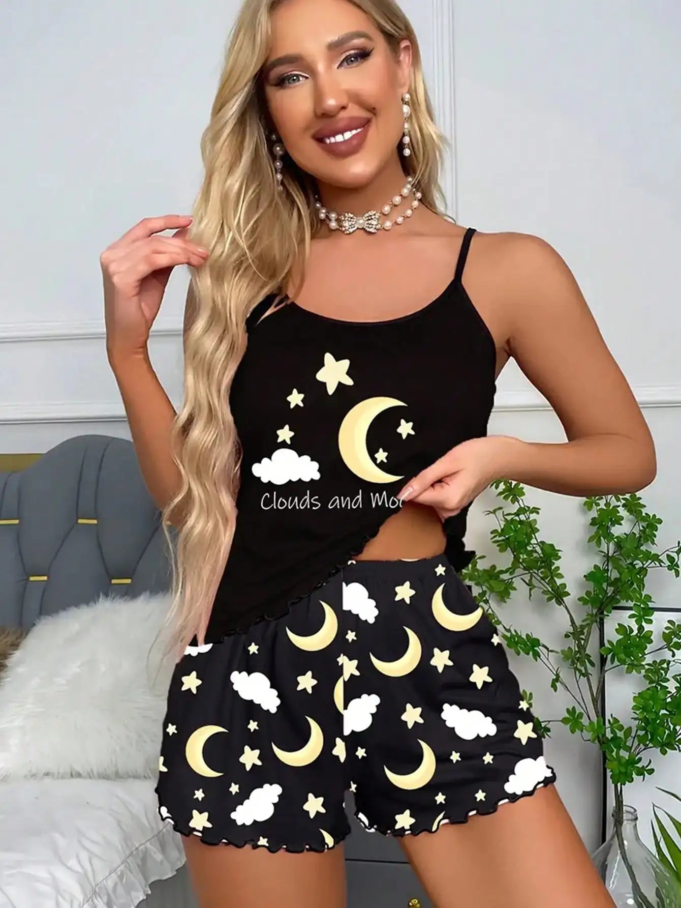 Women Pajamas Sleepwear 2 Pieces Set Black Camisole Shorts Moon & Cloud Print Scoop Neck Cami Top Backless Lettuce Trim Ice Silk