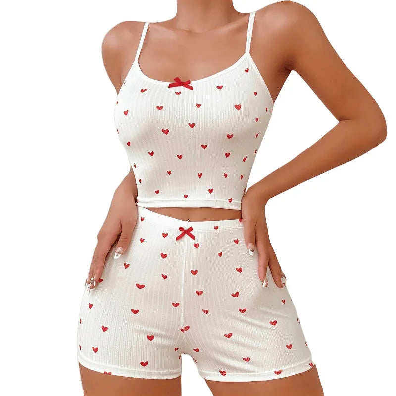 Women Pajamas Suit Camisole Short Pants Heart Print Bow Shorts Summer 2 Piece Sets Sweet Sleeveless Sleepwear Outfits Loungewear