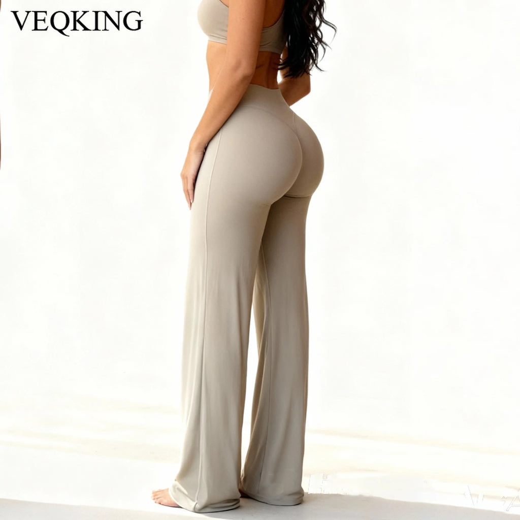 VEQKING Soft Active Women Yoga Pants Strait-leg Yoga Pilates Trousers Naked Feel Gym Fitness Peach Hip Outfits Loose Fit Bottoms