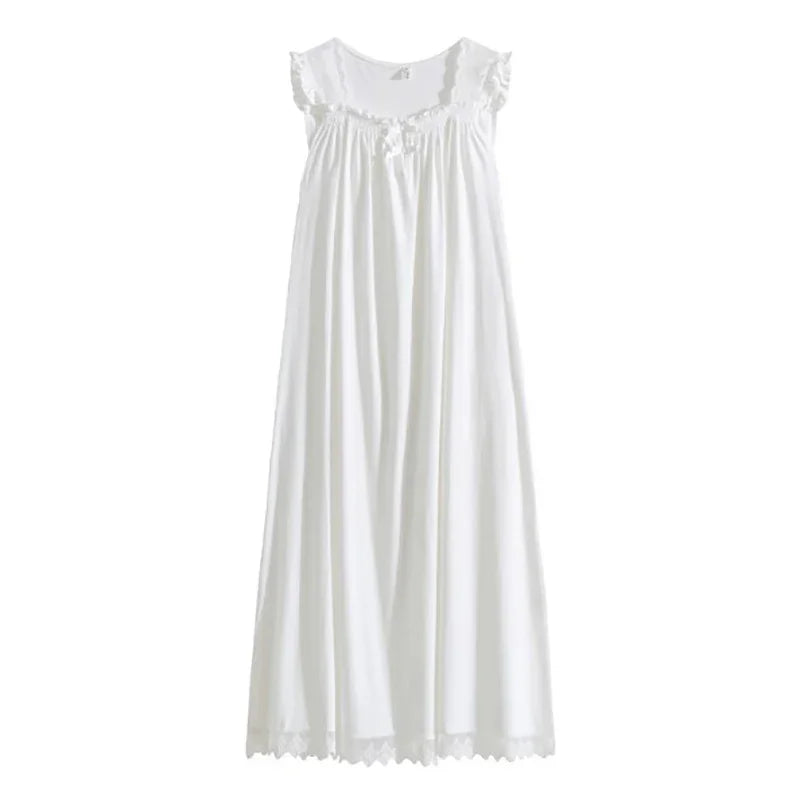 Women White Summer Cotton Sleeveless Night Dress Long Nightdress Sweet Lace Peignoir Victorian Nightgowns Princess Sleepwear