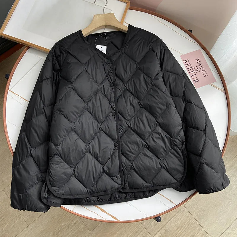 Janveny 2025 New Autumn Winter Ultra Light Collarless Soft Puffer Jacket Women Casual Loose Single Breasted 90% Duck Down Coat