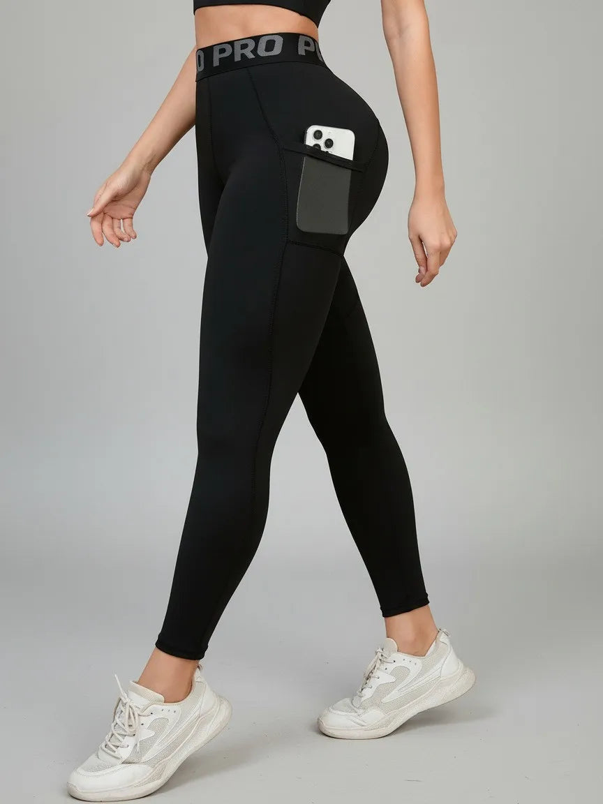 Women's Yoga Fitness Leggings with Letter Waistband and Side Pockets, Slim-Fit Long Pants for Outdoor Sports and Training.