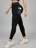 Women's Yoga Fitness Leggings with Letter Waistband and Side Pockets, Slim-Fit Long Pants for Outdoor Sports and Training.