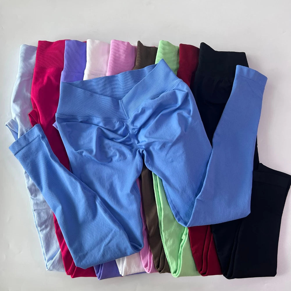 Women Back V Waist Yoga Leggings Seamless Fitness Pants High Stretchy Booty Scrunch Bum Leggings Gym Workout Tights Sportswear