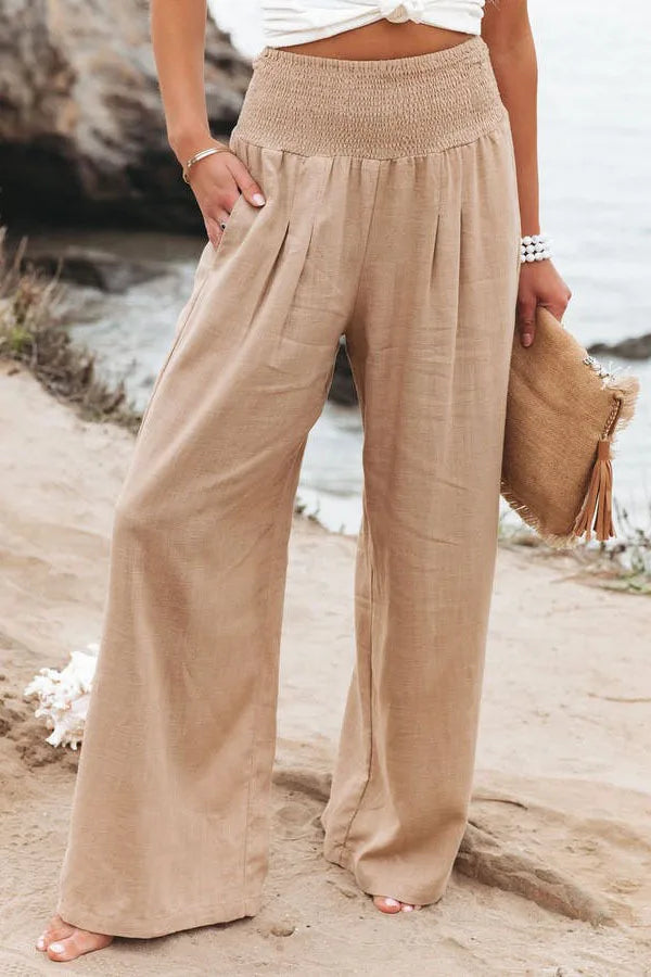 Women's casual pants with drawstring, mid waist, beach wide leg, spring and summer, European and American pants