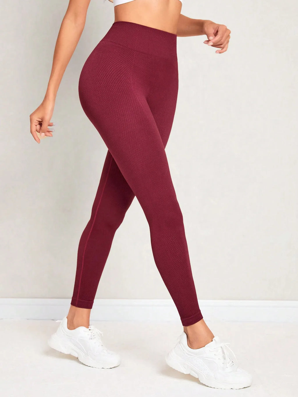 Wine Red Honeycomb Textured Leggings Women High Waist Seamless Yoga Pants Butt Lifting Tummy Control Fitness Workout Tights