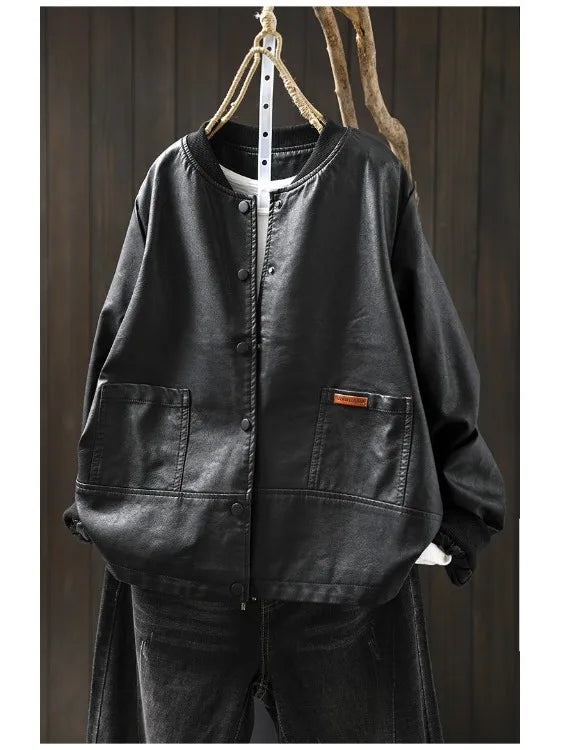 Casual Long Sve PU Leather Jaet Women's Sle Collar Baseball Coat Trendy Ba Splicing Ball Game Faion Outerwear