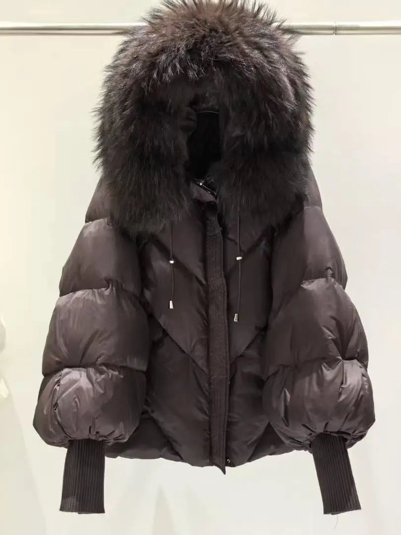Lagabogy 2025 New Winter Large Real Fur Hooded Puffer Jacket Women White Duck Down Mid Long Parka Thick Warm Knitted Sleeve Coat