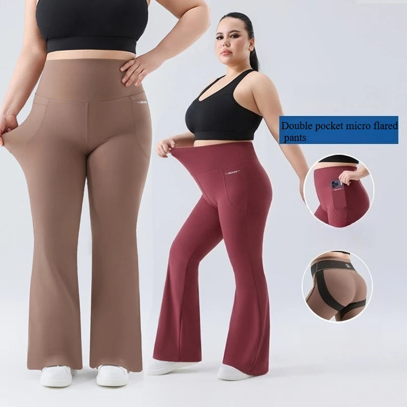 Plus Size Fit Yoga Flared Trousers for Women Semaless Two Sides Pocket Leggings High Waist Push Up Butt Gym Trainning Leggings