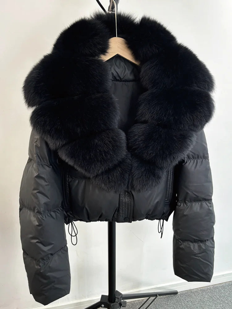 Janveny Large Natural Fox Fur Collar 90% White Duck Down Jacket Women Winter Short Waterproof PU Puffer Coat Female Thick Parkas