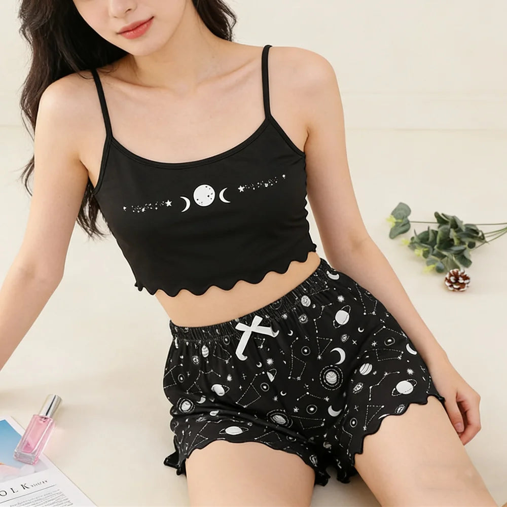 Summer Sleepwear for Women Pajamas Set Star Moon Printed Sleeveless Sling Crop Tops and Shorts Set Homewear Loungewear Pijama