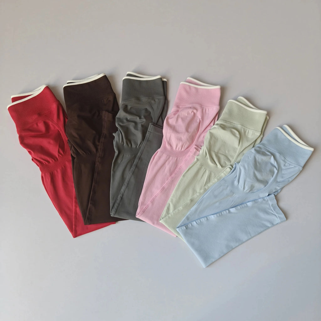 Women's Seamless Gym Solid Color Sports Pants White Edge Waist Tight High Waist Hip Lifting Yoga Pants Running Exercise Pants