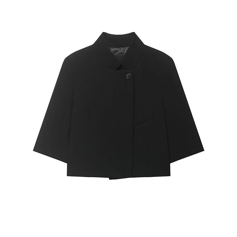 Elegant Women's Cropped Suit Jackets Asymmetric Stand Collar One Button Short Sleeve Blazer 2026 Spring Summer Lady Outwear