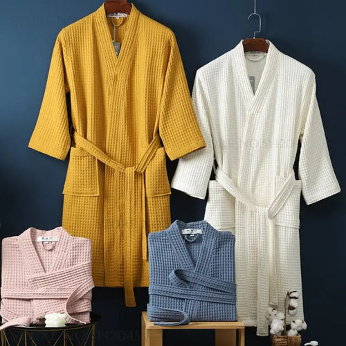 Adult Cotton Waffle Kimono Bathrobe Gown Yukata Couple Robe Negligee with Pocket Loose Casual Home Dress Loungewear Sleepwear