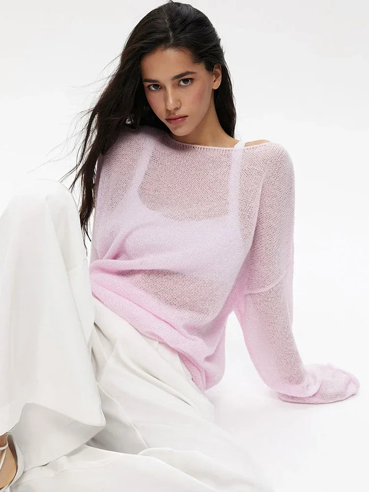 TARUXY Hollow Knitted Sweater Pullover 2024 Autumn New Women's See Through Thin Large Round Neck Bell Long Sleeve Knit T-Shirt