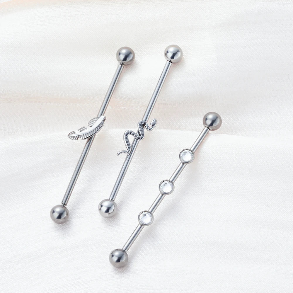 14G 38mm G23 Titanium CZ Industrial Feather Barbell Ear Cartilage Helix-Conch Piercing Bar Earring Stud Body Jewelry