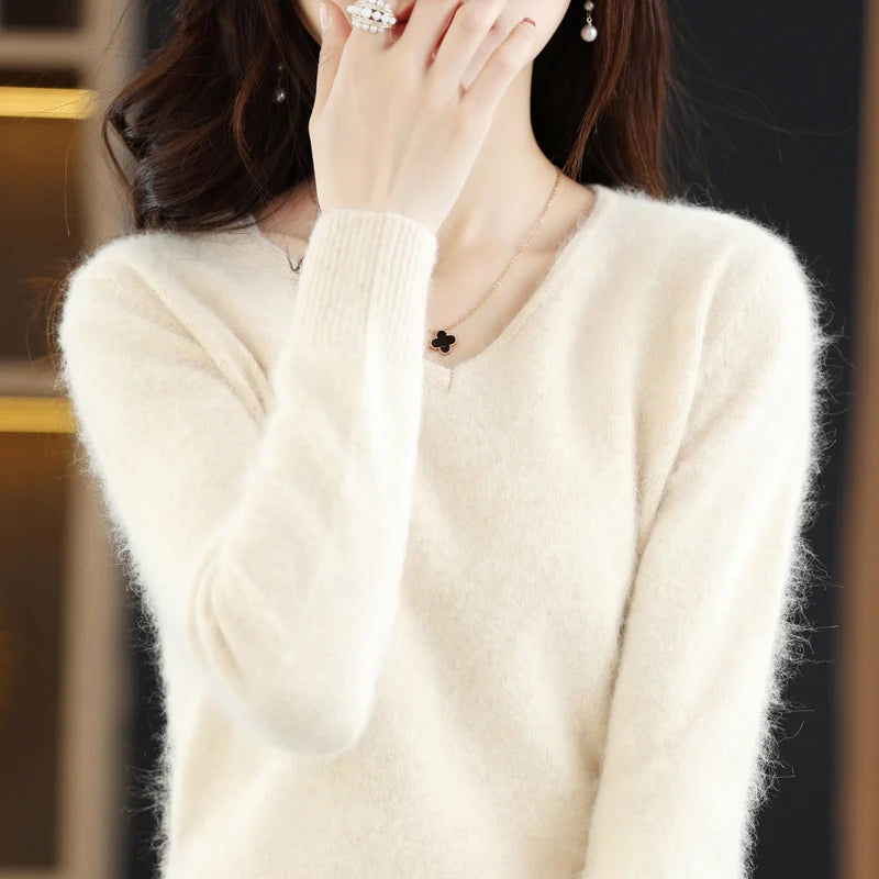 Autumn and Winter New Women's Sweater 100% Mink Cashmere Women's V-neck Pullover Casual Knitting Basic Fashion Large Top