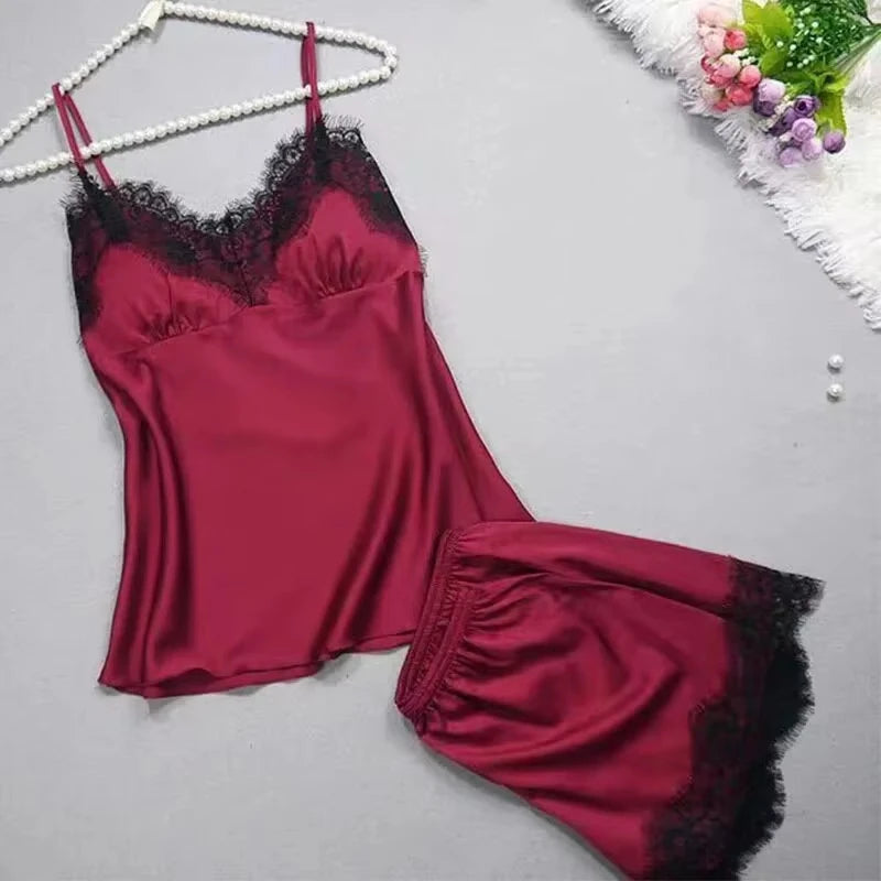 Women Halter Pajamas  Camisole Shorts Home Wear Red Black Sexy Lace Ventilate Classic Summer Thin Pajamas Without Chest Cushion