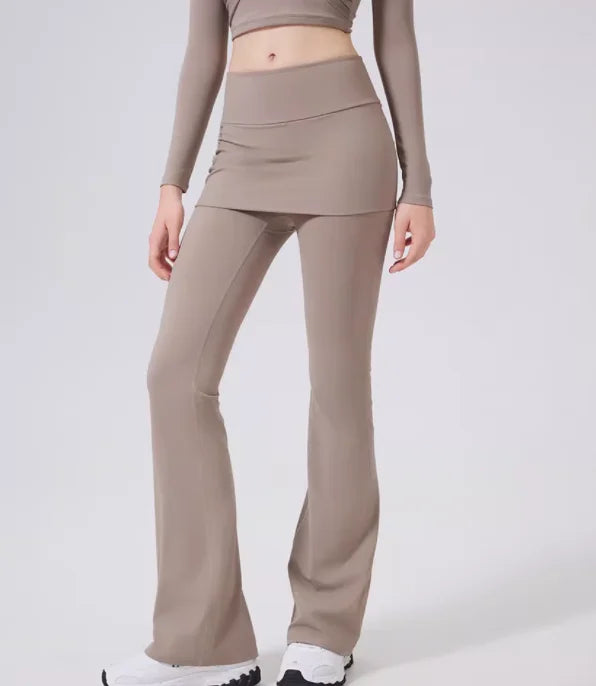 Fake two high waisted slightly flared pants with hip covering skirt for women's running, dance training, Pilates sports pants