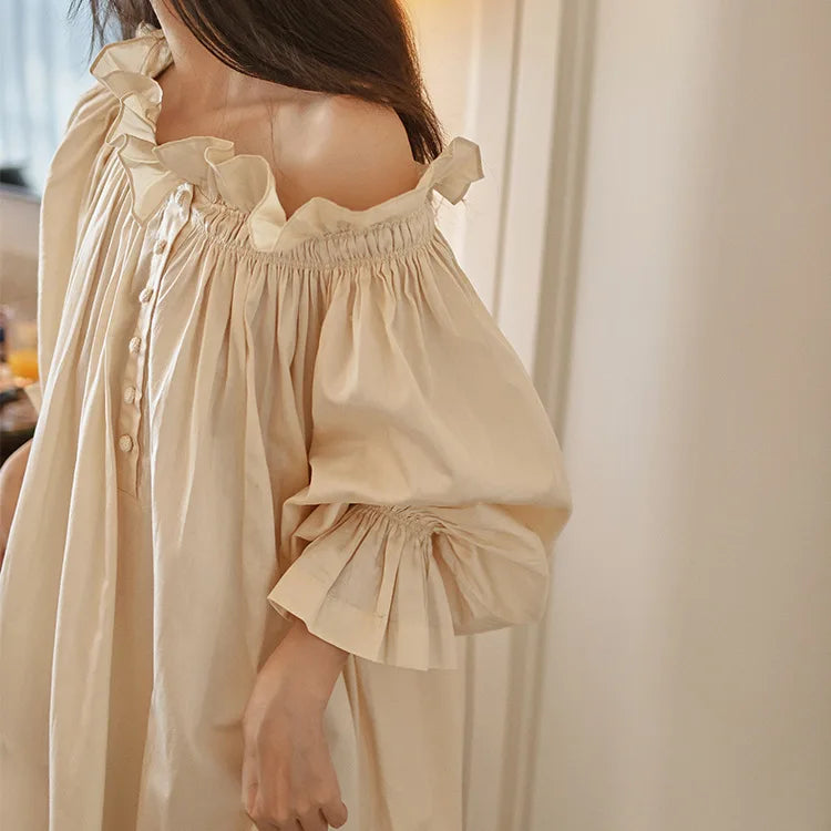 French fairy retro long nightgown 100% cotton court style temperament loose sleepwear evening gown women's long skirt