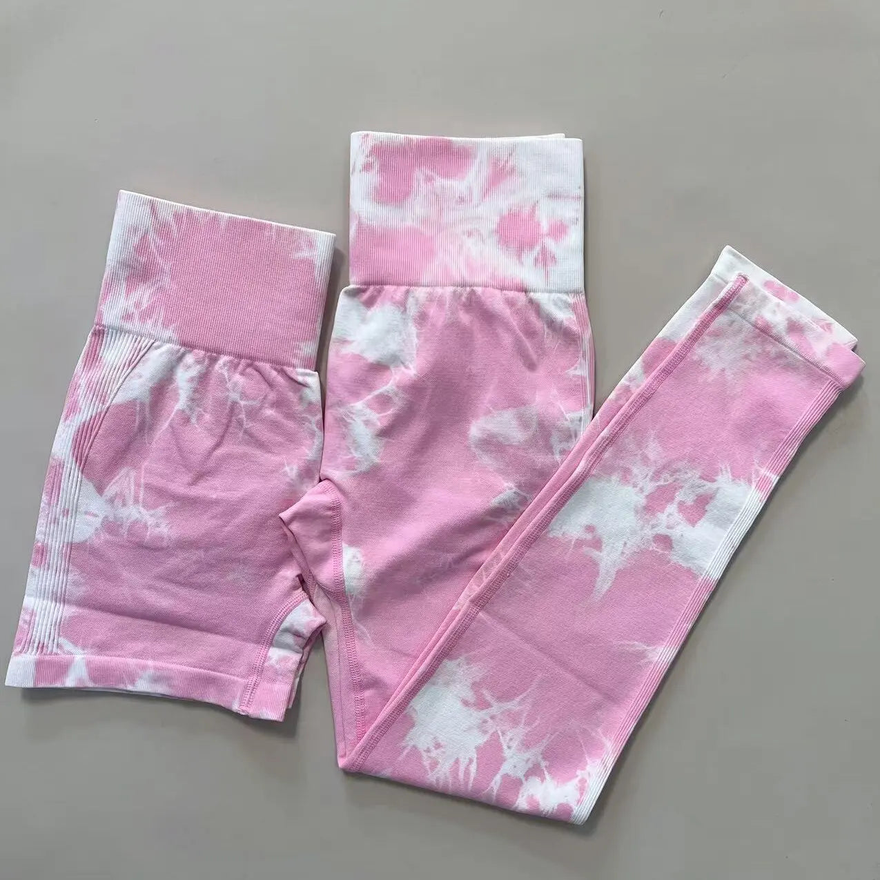 2 PCS Women Athletic Gym Leggings + Shorts Tie Dye Sports Workout Yoga Tights Butt Lifting Scrunch High Waist Yoga Pants