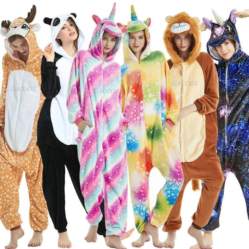 Adults Animal Onesies Unicorn Pajamas Couple Sleepwear Women Men Winter Unisex Kigurumi Costumes Cartoon Flannel Rabbit Pajamas