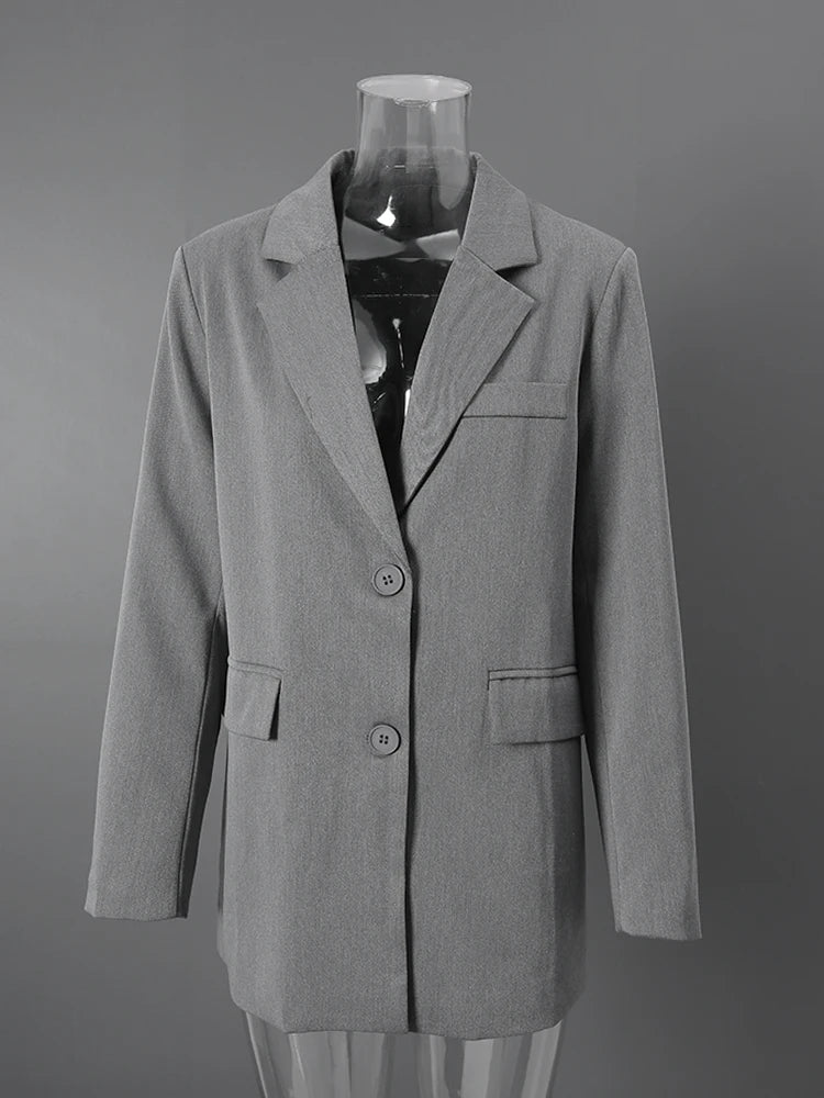 [LANMREM] Tide Designer Back Button Blazer For Women Gray Notched Long Sleeve Fashion Female Coat 2025 Spring New Clothing