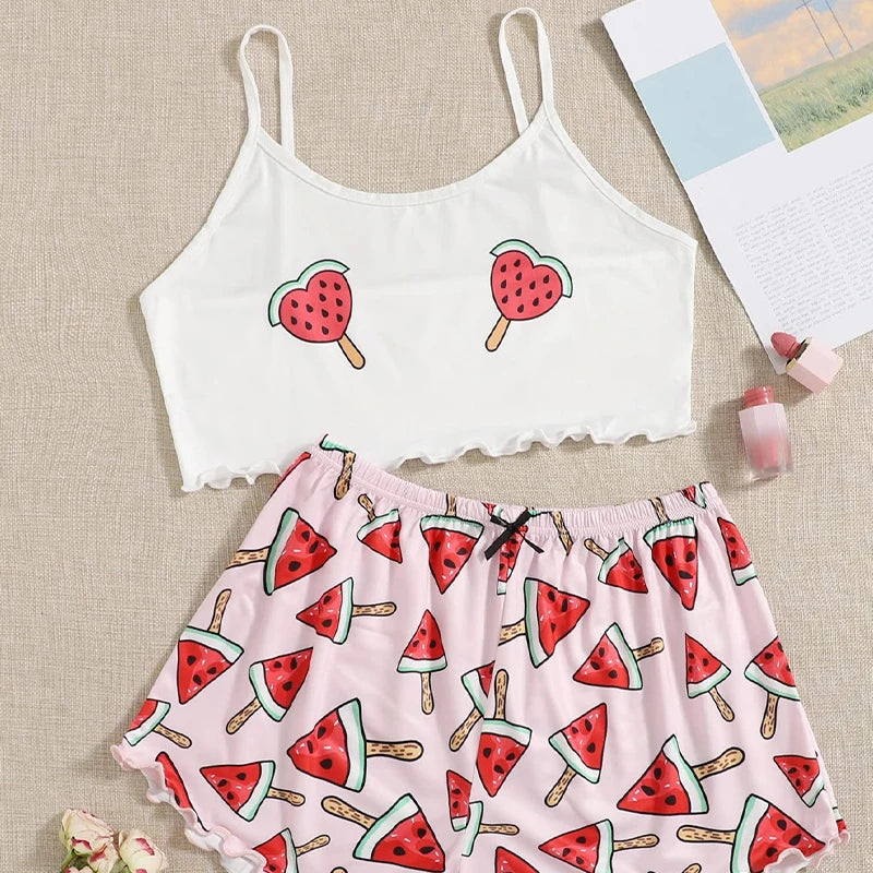 Summer New Comfortable Two-Piece Milk Silk Pink Printed Watermelon Suspender Sexy Women's Home Sleepwear Set