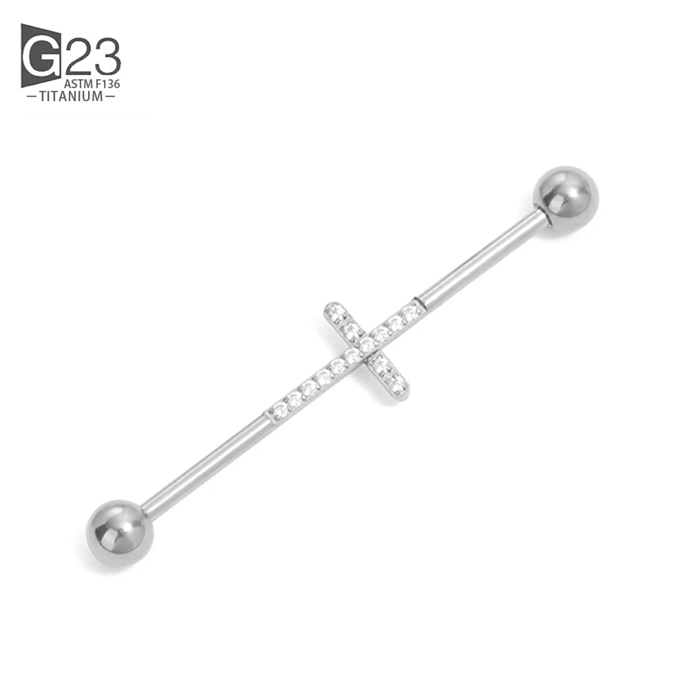 14G 38mm G23 Titanium CZ Industrial Feather Barbell Ear Cartilage Helix-Conch Piercing Bar Earring Stud Body Jewelry