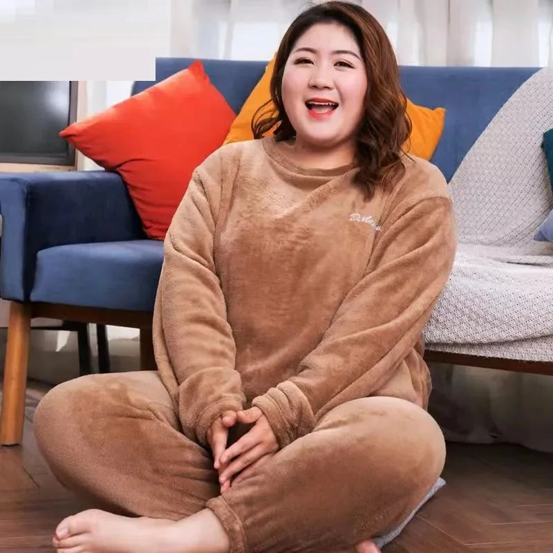 Plus Size 6XL 150kg Winter Warm Coral Fleece Pajamas Sets Long Sleeve Top and Pants Sleepwear Suit Home Women Female Sleepwear