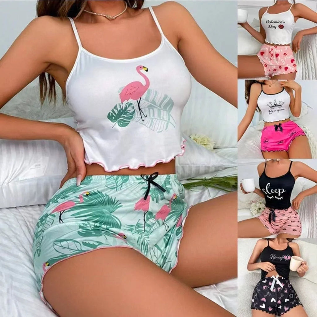 Summer Women's Milk Silk Printed Crown & Flamingo Shorts  Tank Top Two-Piece Set Casual Loungewear Homewear Sleepwear