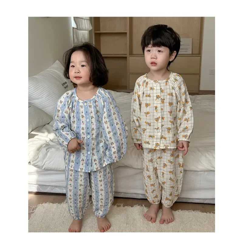 Children's Spring Grade Pajama Set Boys Girls Kids Cartoon Double Layer Gauze Home Clothing Set Baby Sleepwear Two-Piece Set