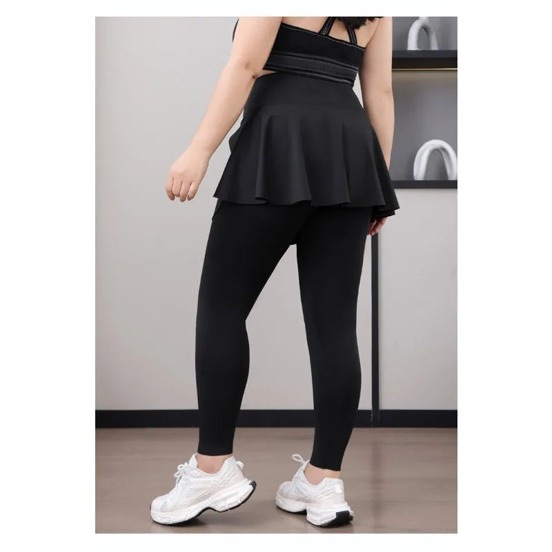 Plus Size Fit 200lbs Yoga Fake Two Items Leggings with Pockets Sharkskin High-Waisted Skirt Pants Gym  Trainning Slim Tights
