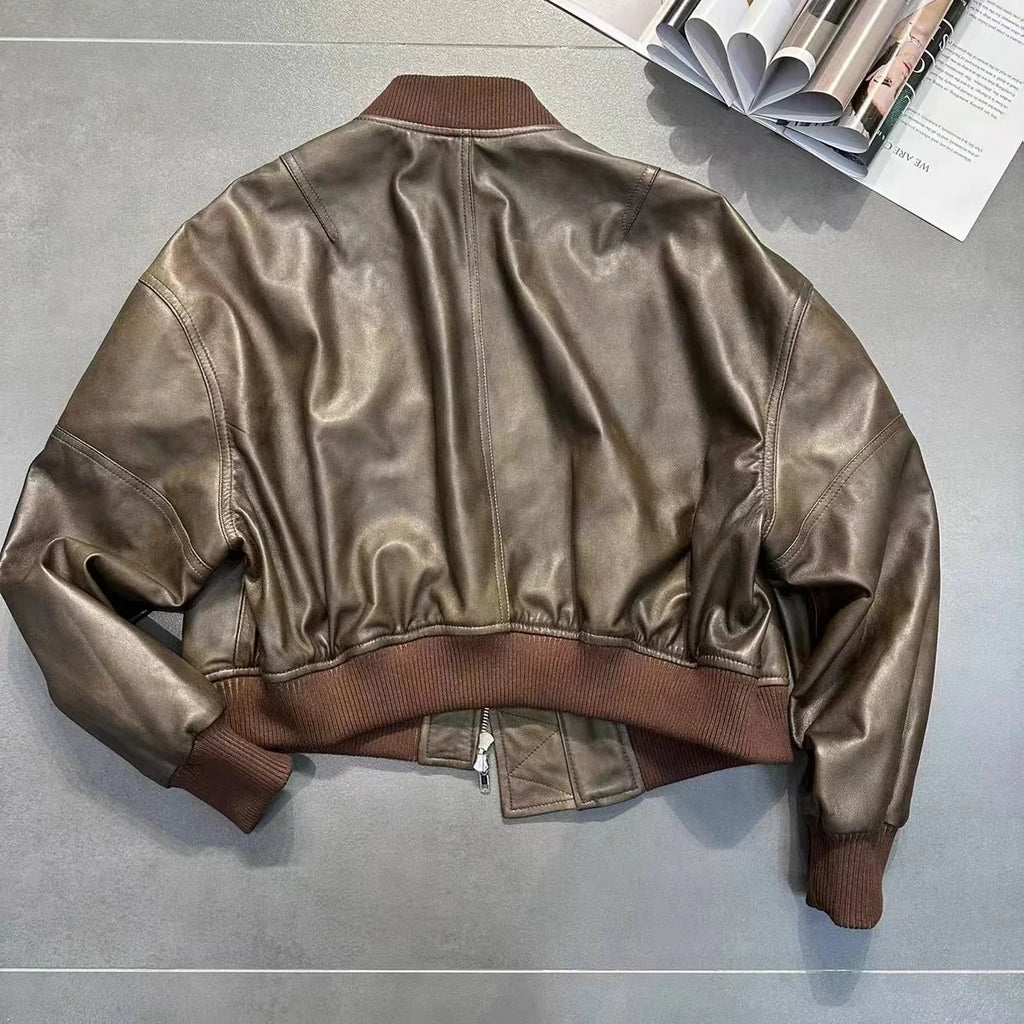 Leather Cropped Bomber Jacket For Women 2025 Winter European Old Money Designer Female Distressed Sheepskin Short Coat Outwear