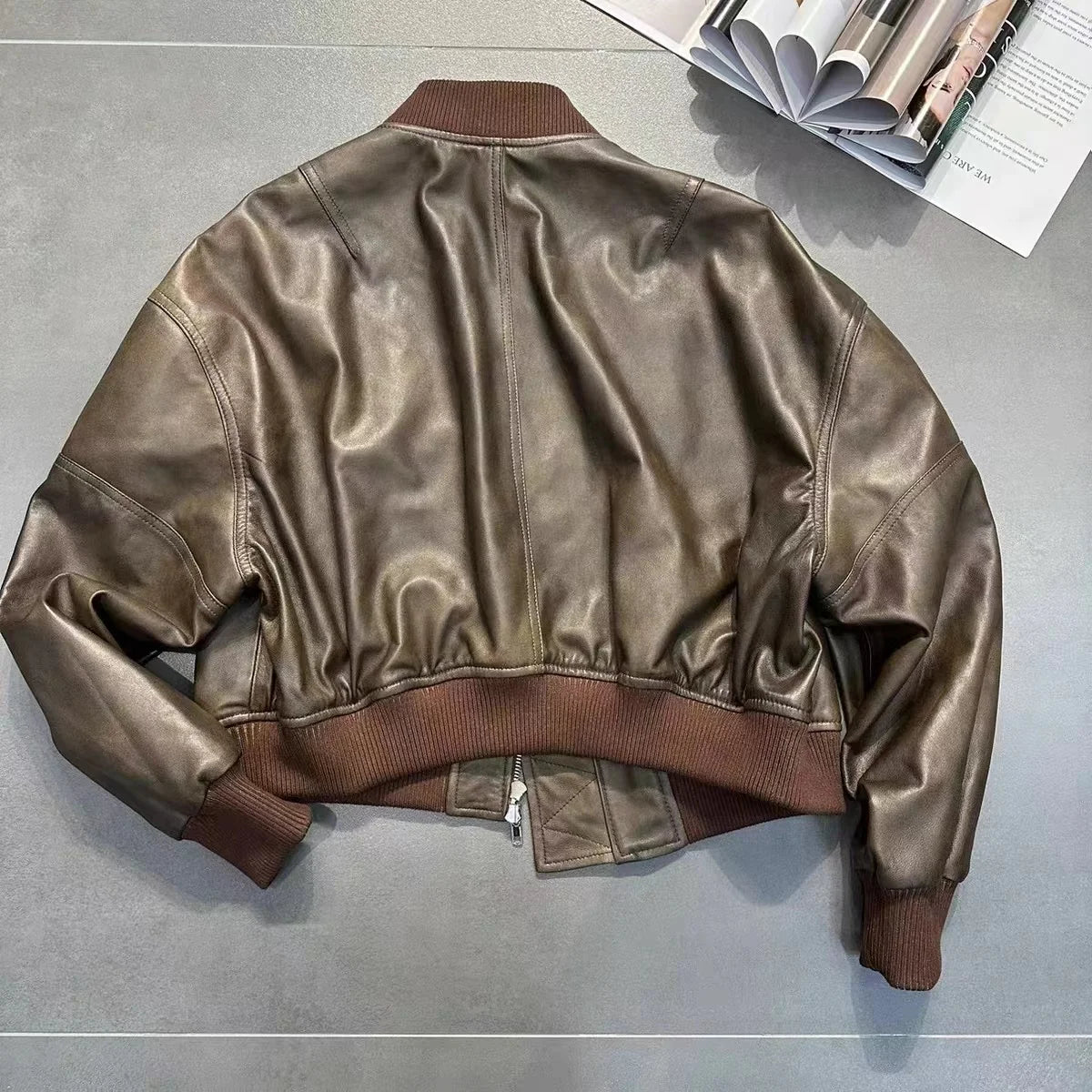Leather Cropped Bomber Jacket For Women 2025 Winter European Old Money Designer Female Distressed Sheepskin Short Coat Outwear