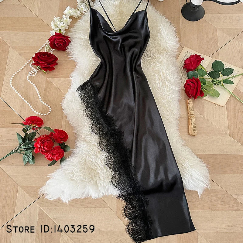 Women's Spaghetti Strap Nightgown Chemise Sleepwear Sexy Intimate Lingerie Backless Lace Split Nightdress Homewear Satin Nighty
