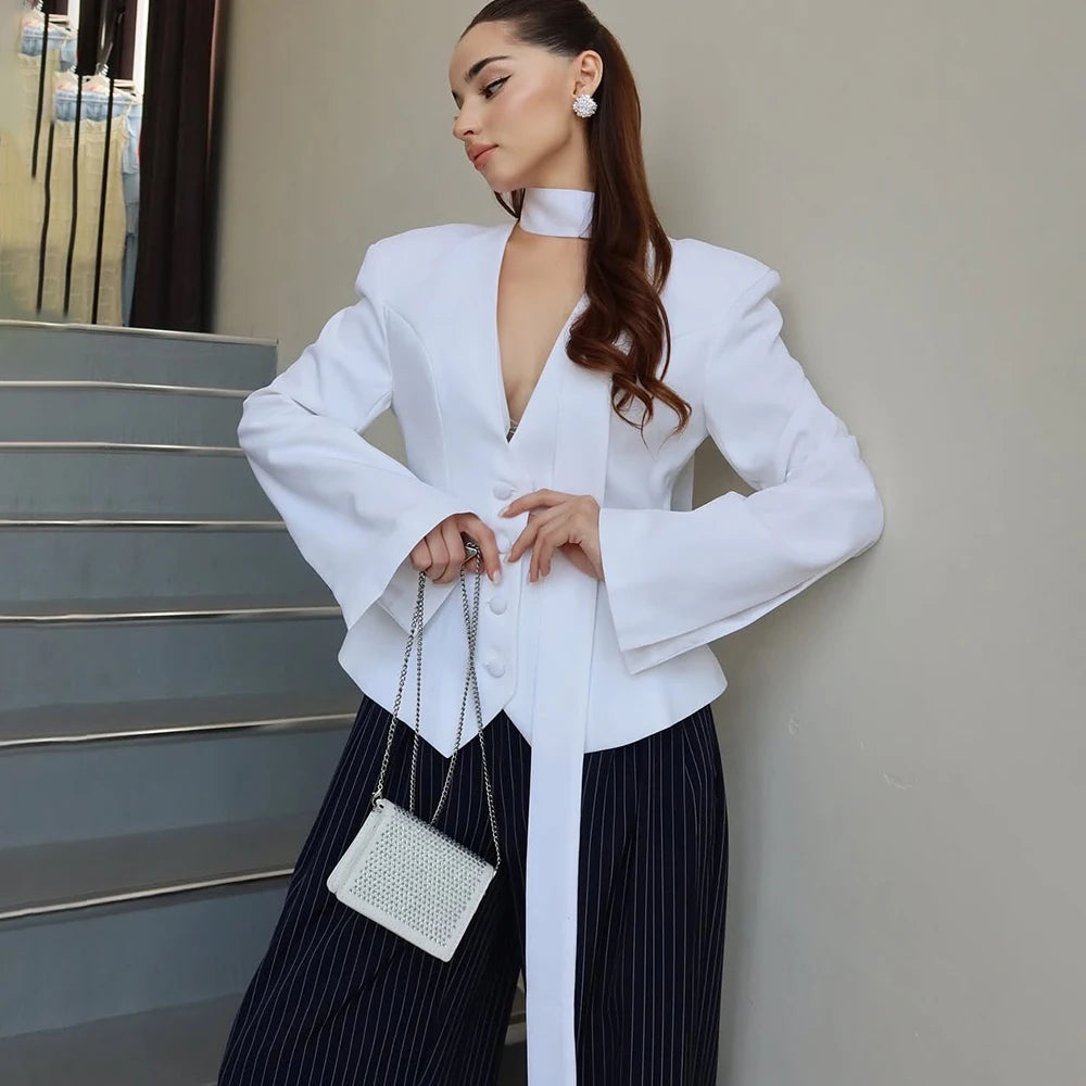Tuularose Single Breasted Coat Women's V Neck Scarf With Long Sleeve Waist-Cinching Blazer Jacket Lady Casual Slim Commute Coat