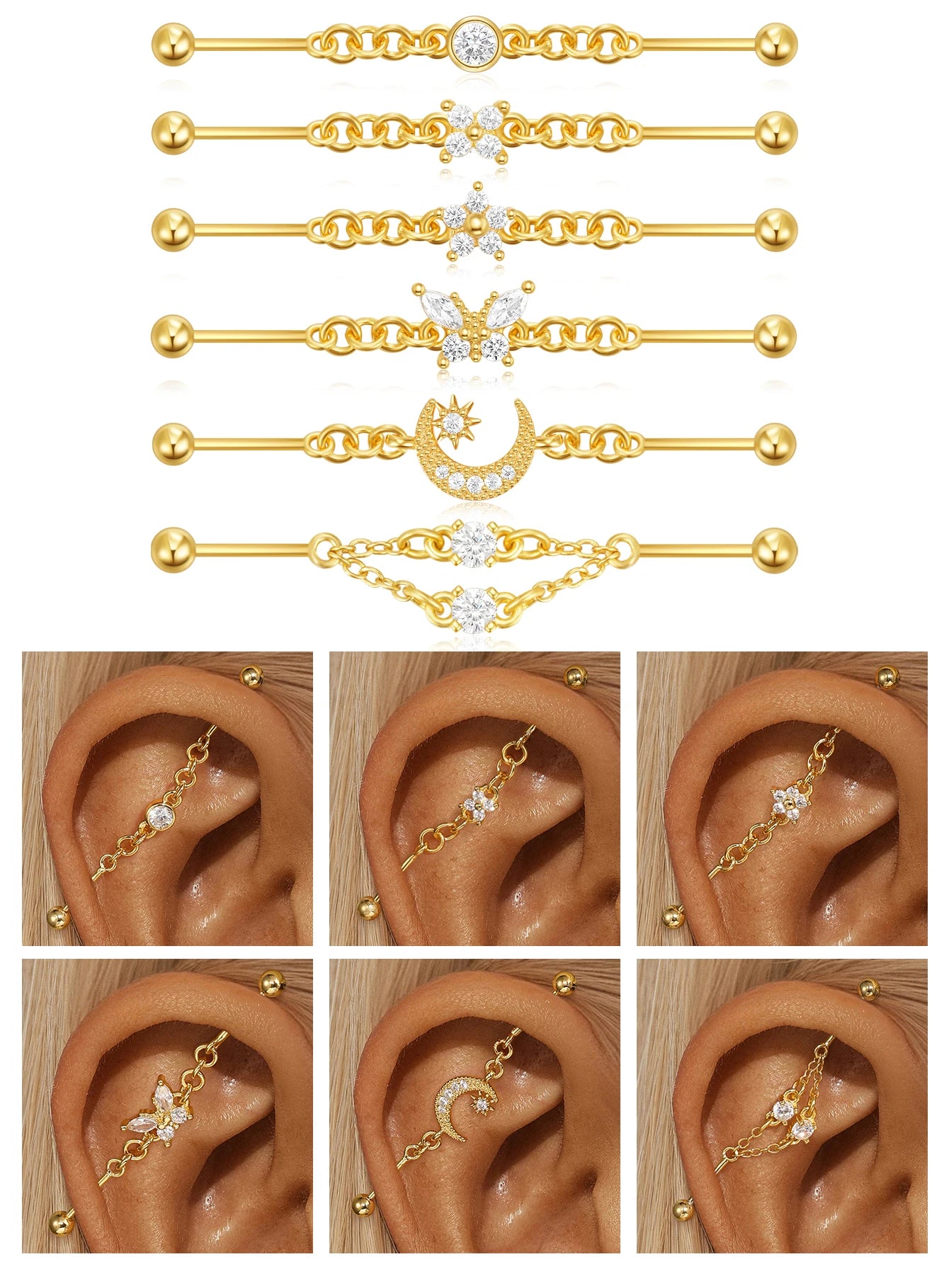 CANNER 925 Sterling Silver Devil's Eye Five Petals Zircon Chain Barbell Piercing Women Ins Butterfly Octagonal Star Earring