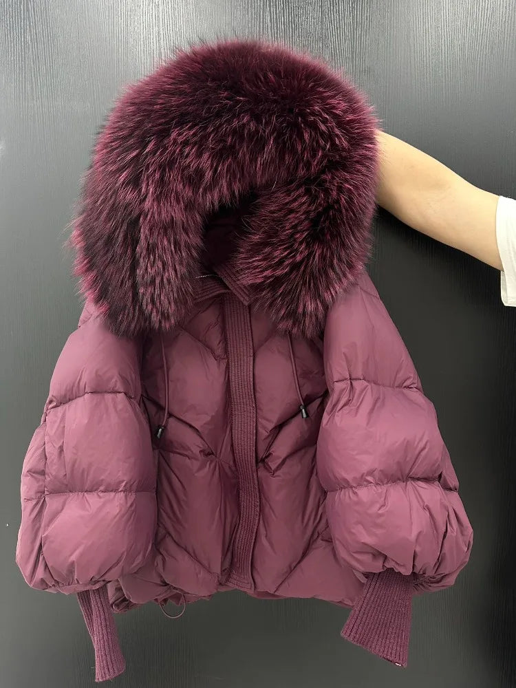 Lagabogy 2025 New Winter Large Real Fur Hooded Puffer Jacket Women White Duck Down Mid Long Parka Thick Warm Knitted Sleeve Coat