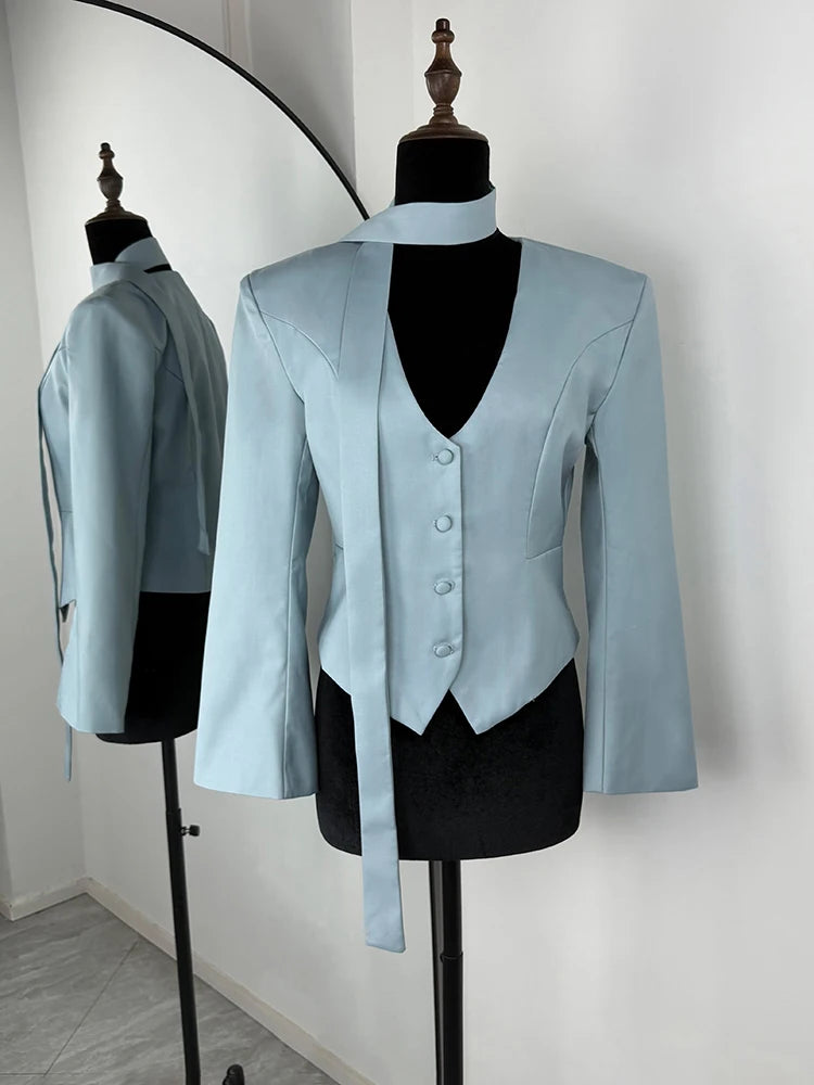 Tuularose Single Breasted Coat Women's V Neck Scarf With Long Sleeve Waist-Cinching Blazer Jacket Lady Casual Slim Commute Coat