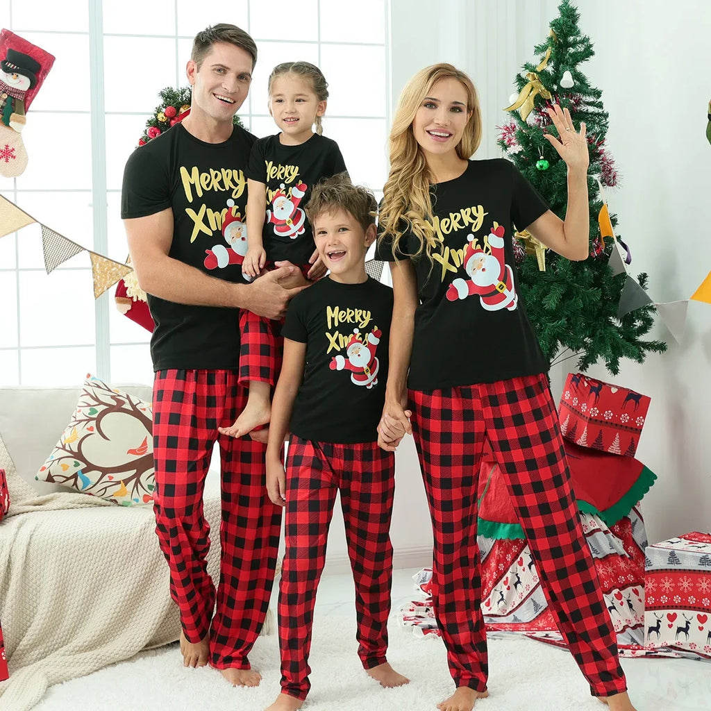 2025 New Year's Costume Short Sleeve Christmas Pajamas Set Matching Outfits for Family/Couples/Kids T-shirt+Trousers Sleepwear