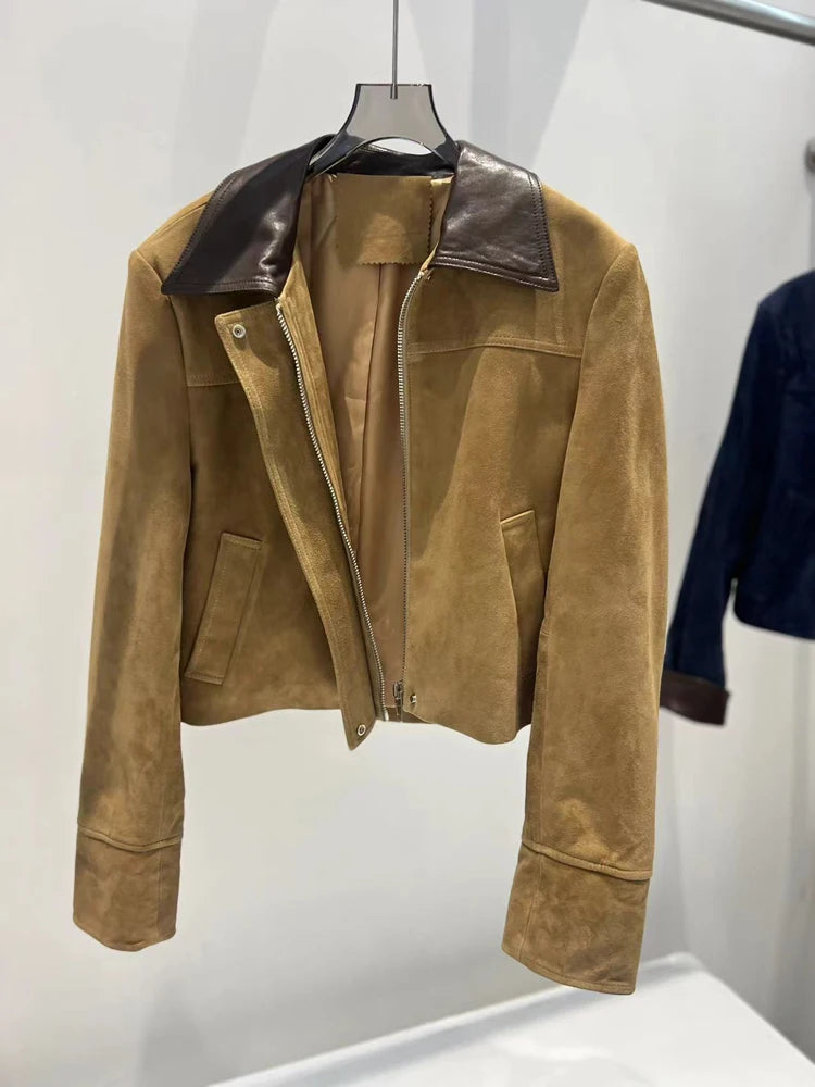 European Imported Suede Jacket Women 2026 Autumn Winter Branded New Contrasting Leather Coat Navy Blue Short Locomotive Casacos