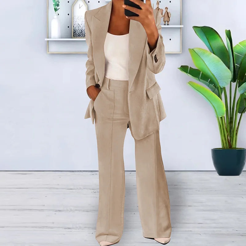 Women's Sets Two 2 Pieces Sale Casual Pocket Single Button Blazer Jackets& High Elastic Waist OL Workwear Wide Leg Pant Suits