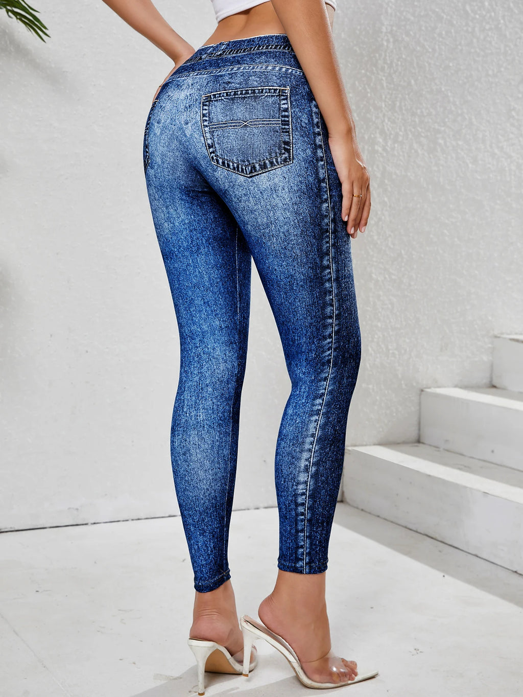 Women's Imitation Denim Leggings With Pockets High Stretchy Comfortable Tummy Control Fitness Gym Yoga Pants Daily Wear