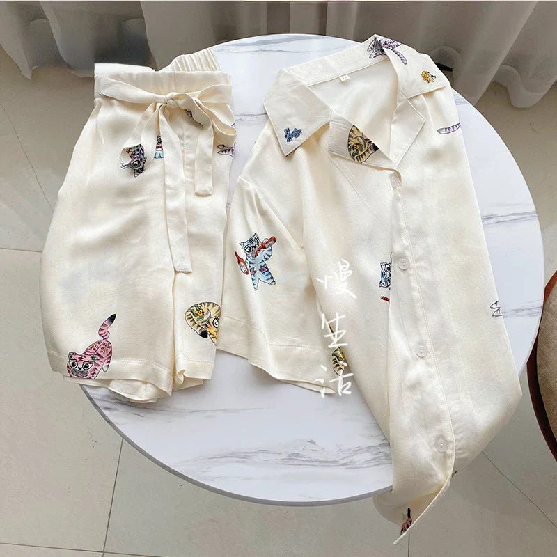 2024 Summer Women Pajamas Gongsatin Tiger Short Sleeve Shorts Pajama Set Men Sleepwear Two Piece Set Loungewear Satin Night Wear