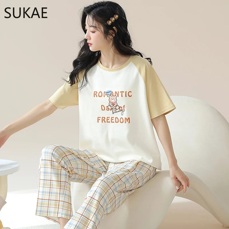 SUKAE Cute Animals Short Sleeves Full Pants Cartoon Sleepwear Women Summer Leisure Pajamas Nightwear Faux Cotton Girls Nightwear