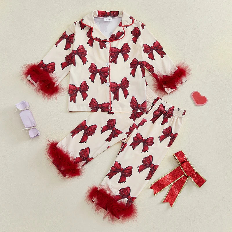 Cute Infant Baby Girl 2Pcs Pajamas Feather Trim Long Sleeve Bow Print Shirt + Pants Set Toddler Sleepwear Homewear Clothing