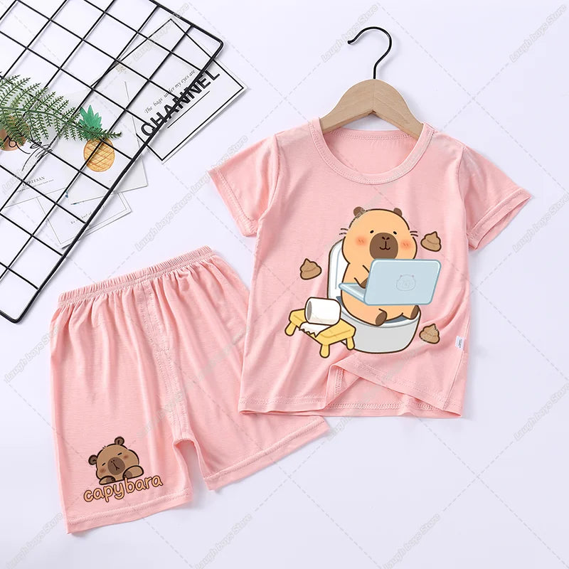 Capybara Cute Pajamas Suit Short Sleeve Sleepwear Cartoon Animal Print Soft Homewear Set Kawaii Silky Home Nightgown Summer Gift