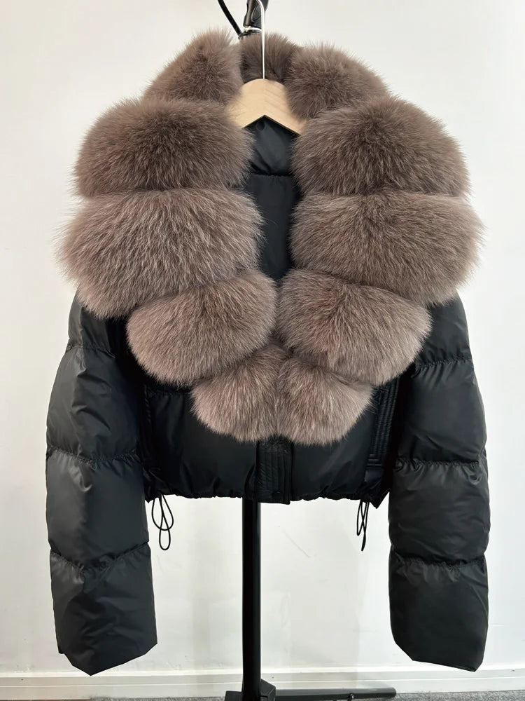 Janveny Large Natural Fox Fur Collar 90% White Duck Down Jacket Women Winter Short Waterproof PU Puffer Coat Female Thick Parkas